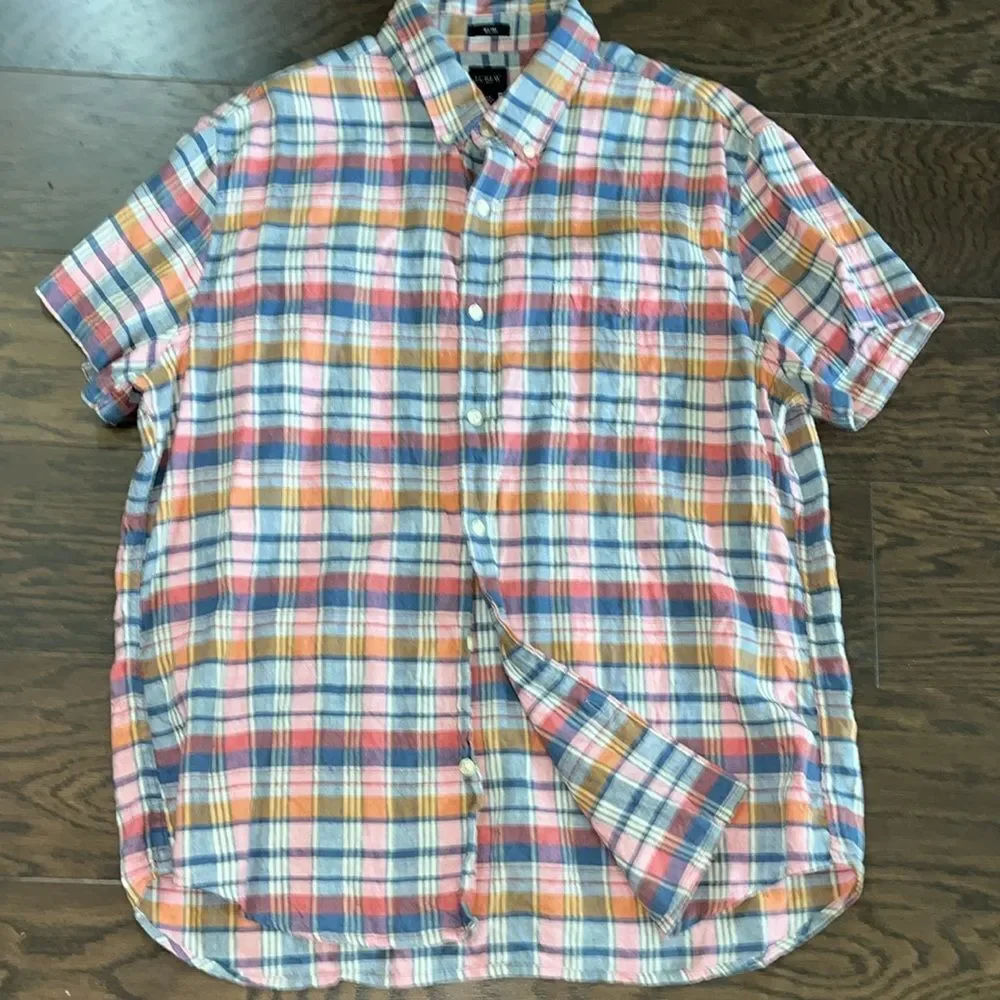 Pink & Blue Plaid Check Linen Blend J Crew SS shirt XL Slim mens summer casual